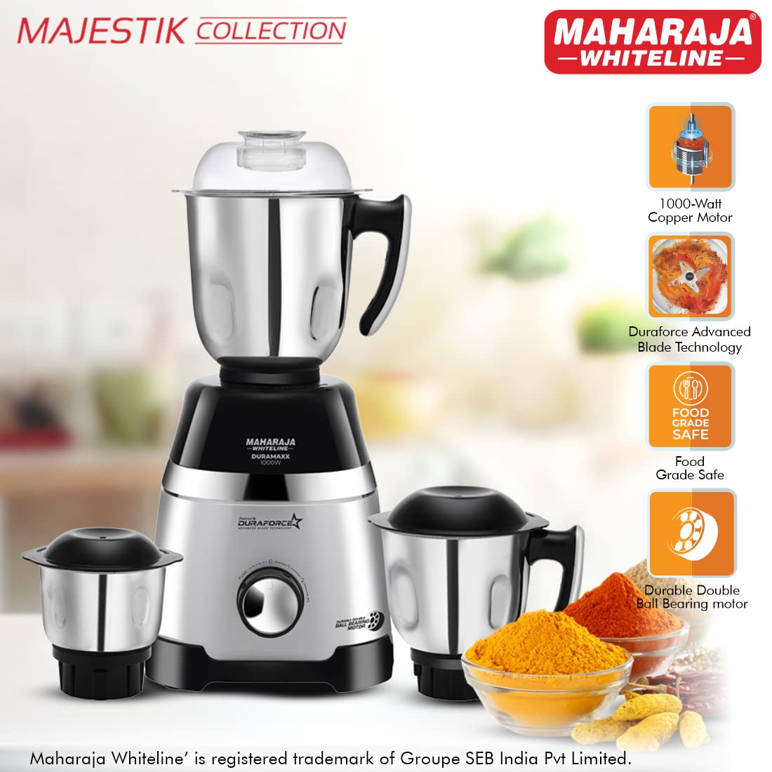 Maharaja Whiteline Duramaxx Mixer Grinder, Majestik Collection, 1000W, 100% Copper Motor, Double ball bearing motor, 3 Jars - Image 5