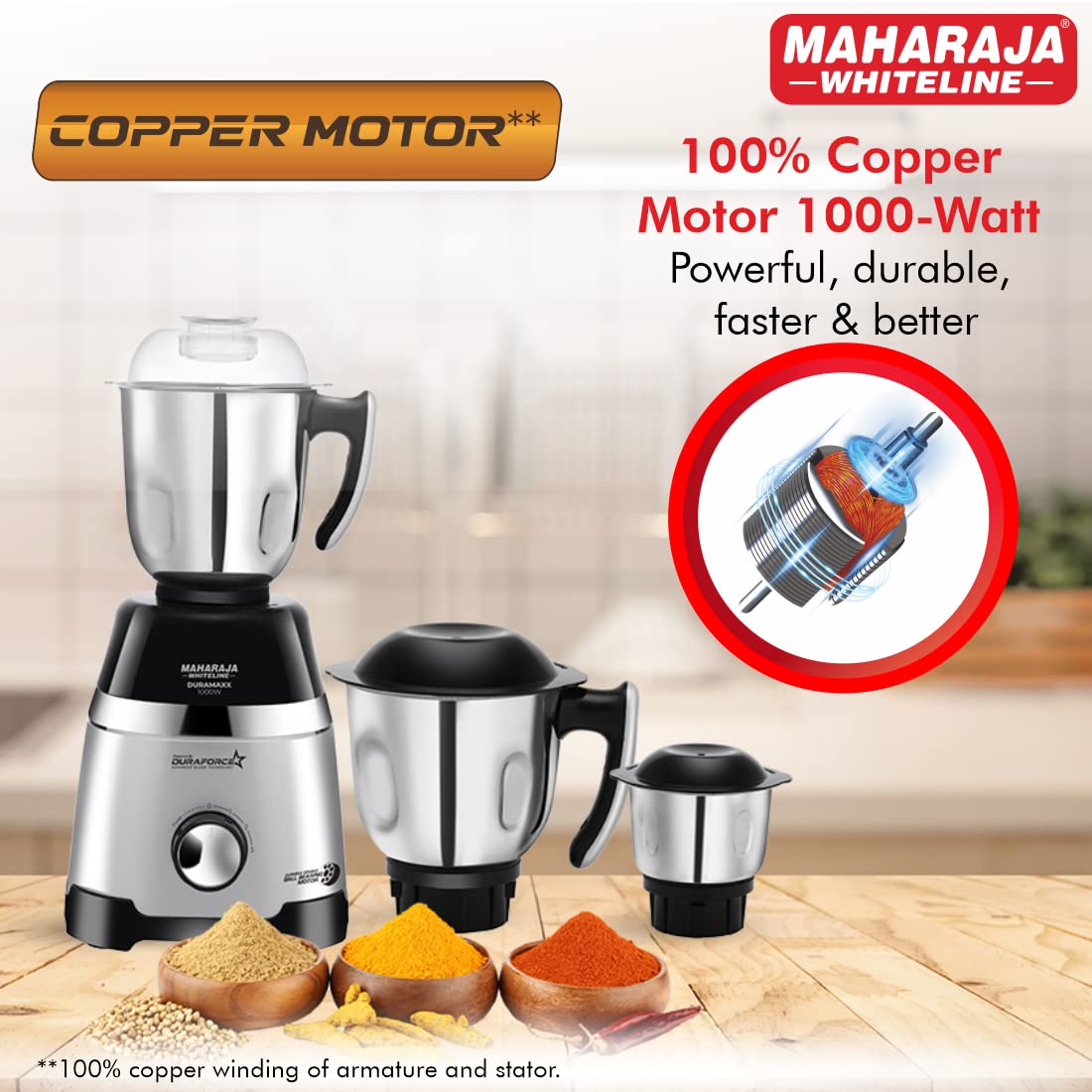 Maharaja Whiteline Duramaxx Mixer Grinder, Majestik Collection, 1000W, 100% Copper Motor, Double ball bearing motor, 3 Jars - Image 6