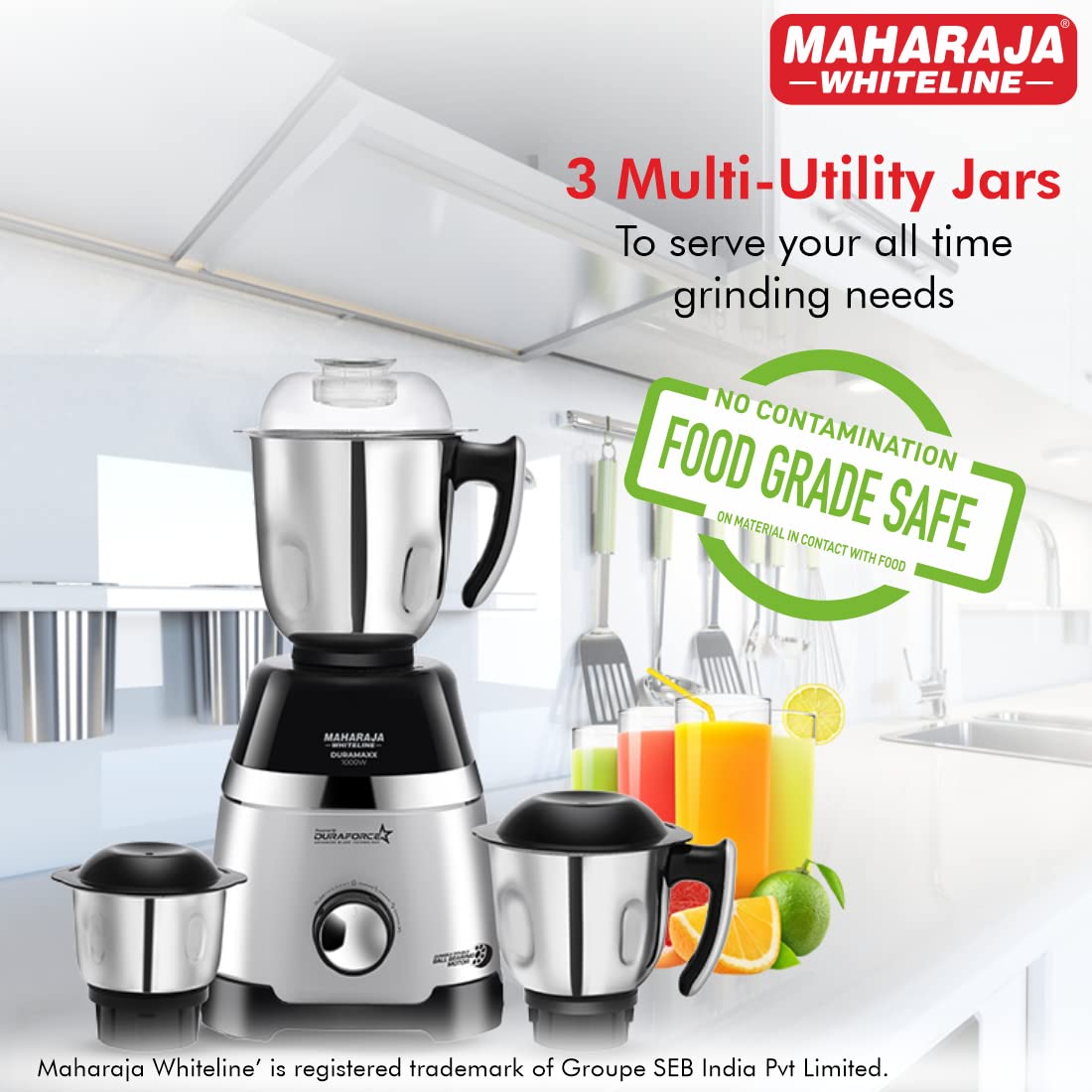 Maharaja Whiteline Duramaxx Mixer Grinder, Majestik Collection, 1000W, 100% Copper Motor, Double ball bearing motor, 3 Jars - Image 7