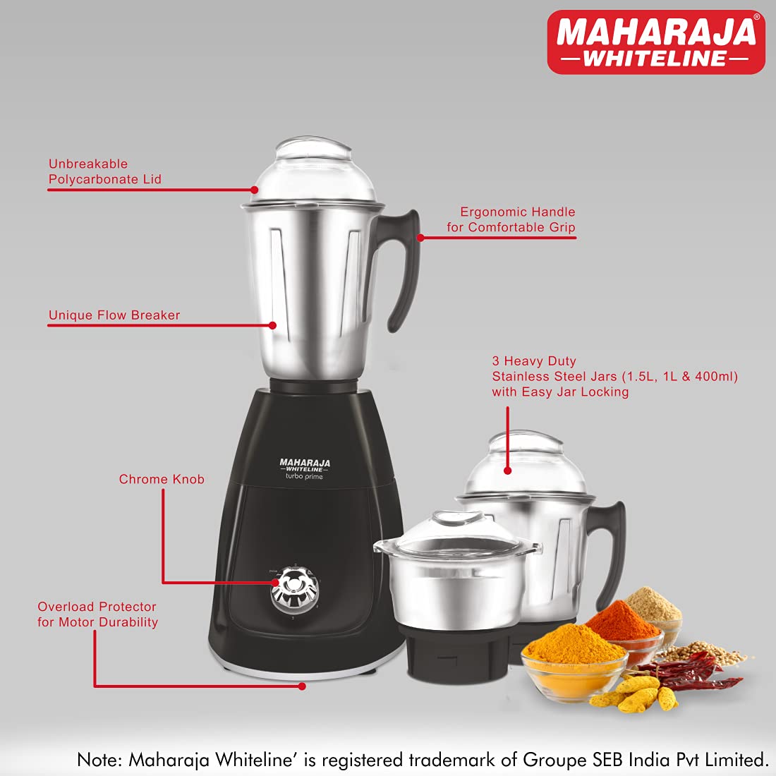 Maharaja Whiteline Turbo Prime Elite 750W Elite Mixer Grinder - Image 3