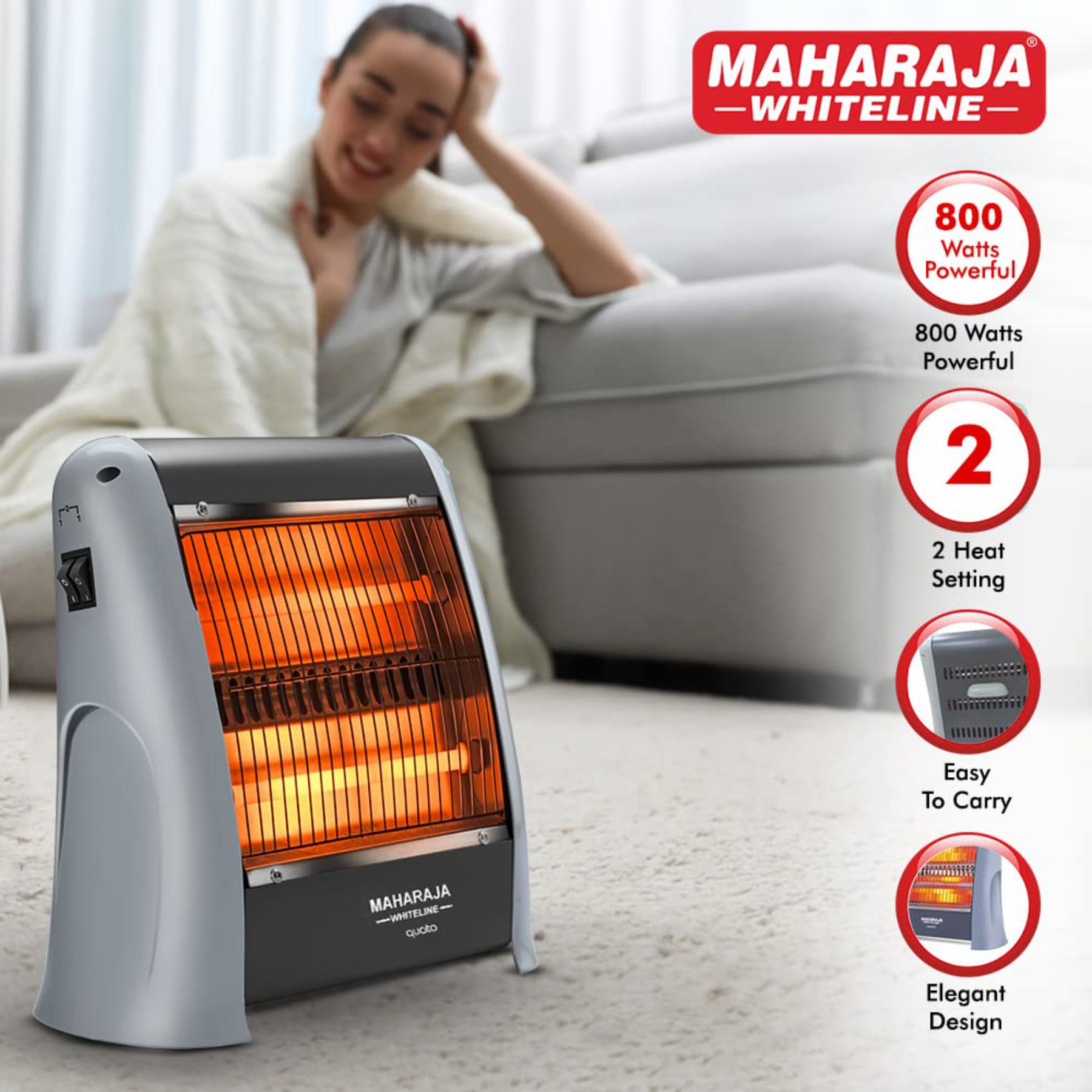 Maharaja Whiteline Quato 800 Watts Quartz Heater, Standard, Grey
