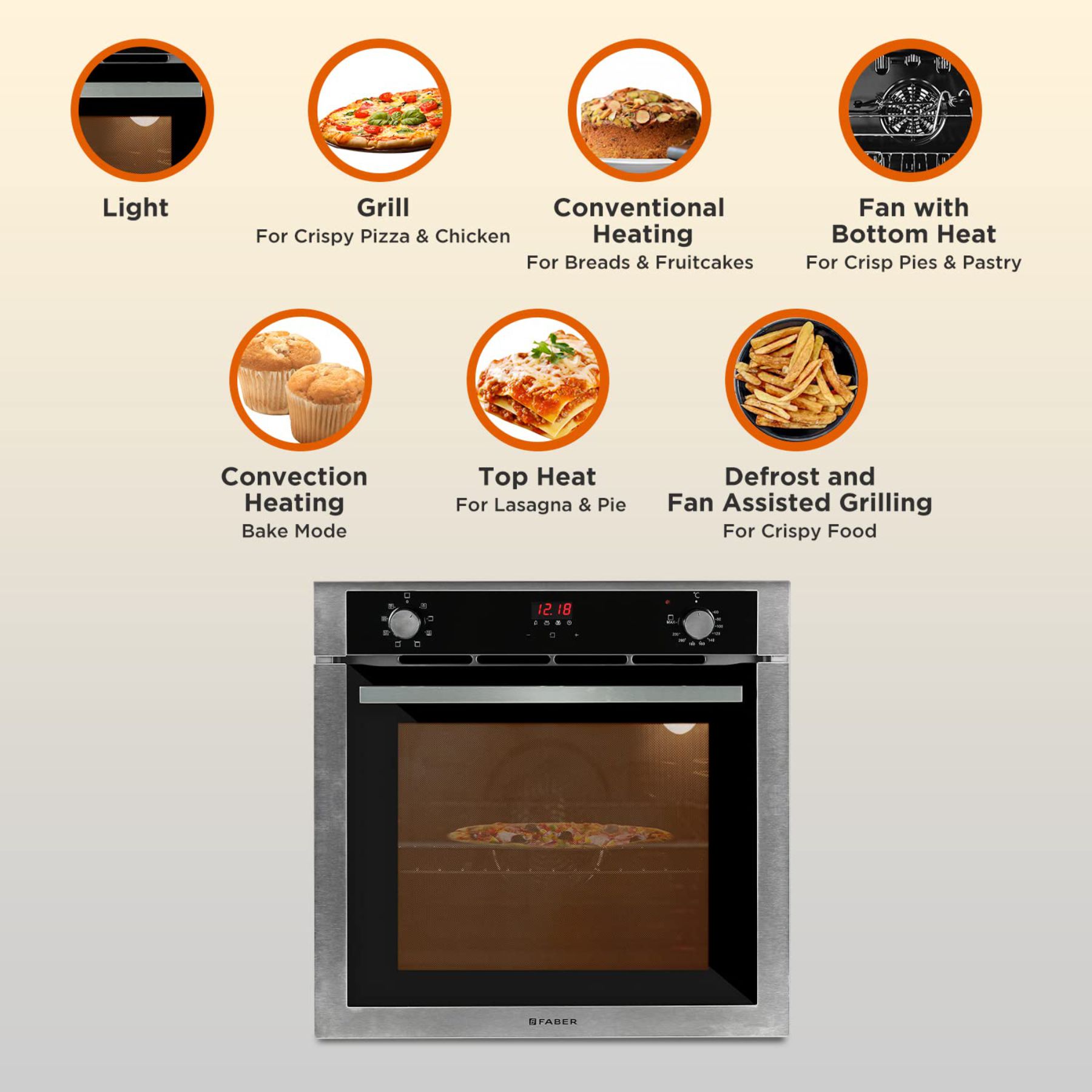 Faber 80 L Built in Oven with 8 Functions Light, Grill, Convection, fan with bottom heat, Convection heating, top heat, defrost & fan (FBIO 80L 8F, Black) - Image 3