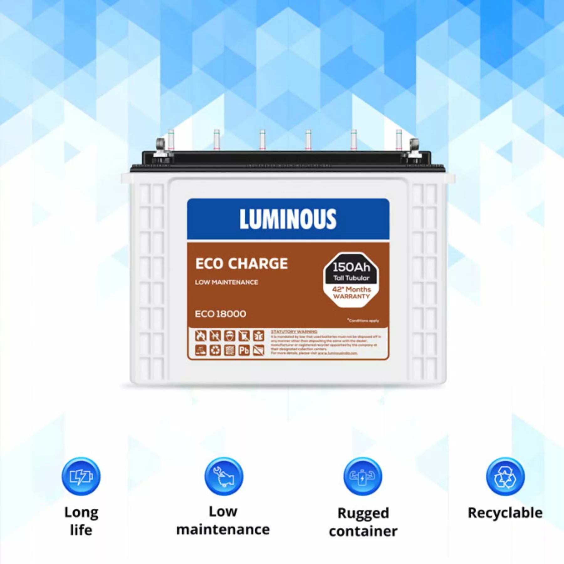 Luminous Eco Charge EC 18000 150 Ah Tall Tubular Inverter Battery for Home, Office & Shops - Image 4