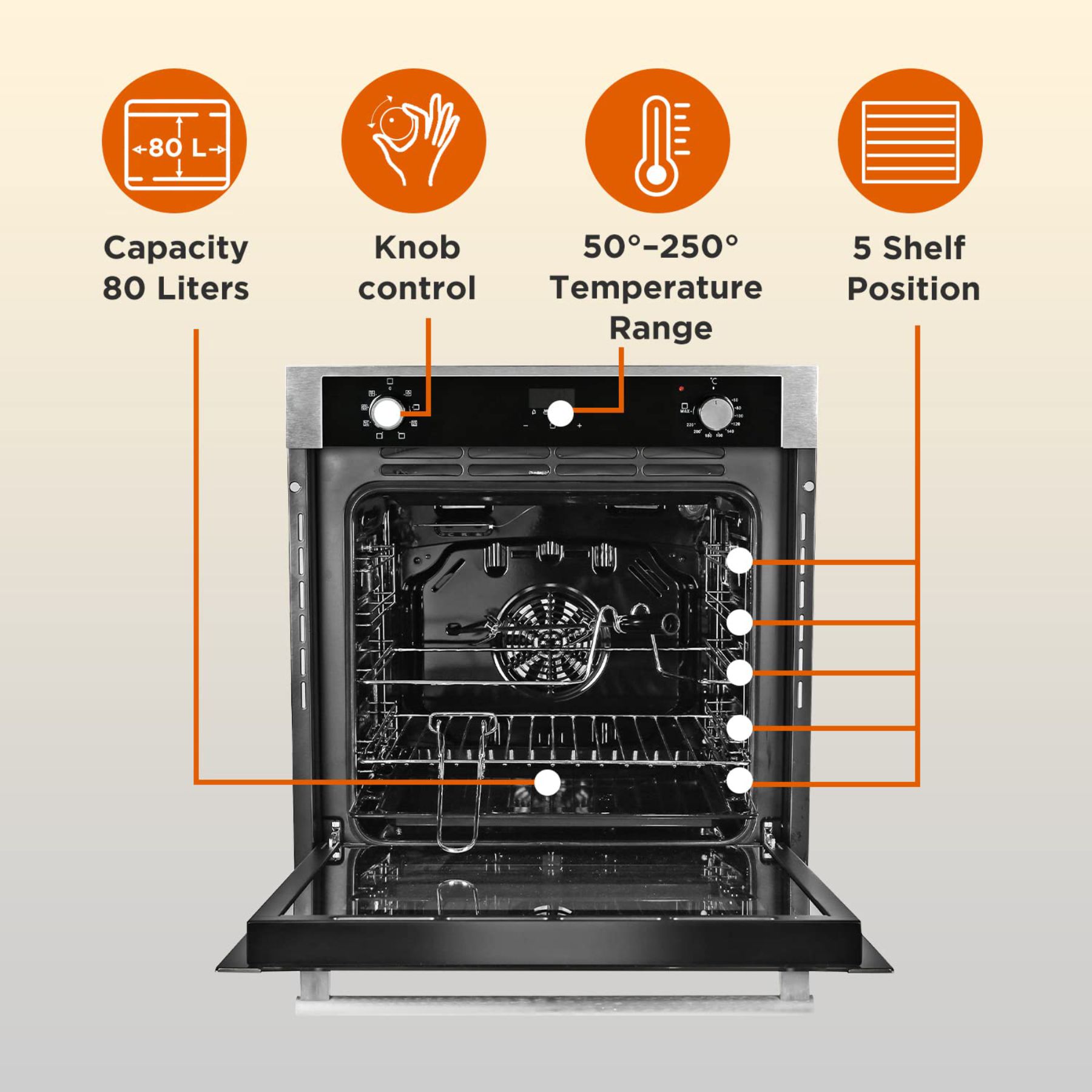 Faber 80 L Built in Oven with 8 Functions Light, Grill, Convection, fan with bottom heat, Convection heating, top heat, defrost & fan (FBIO 80L 8F, Black) - Image 5