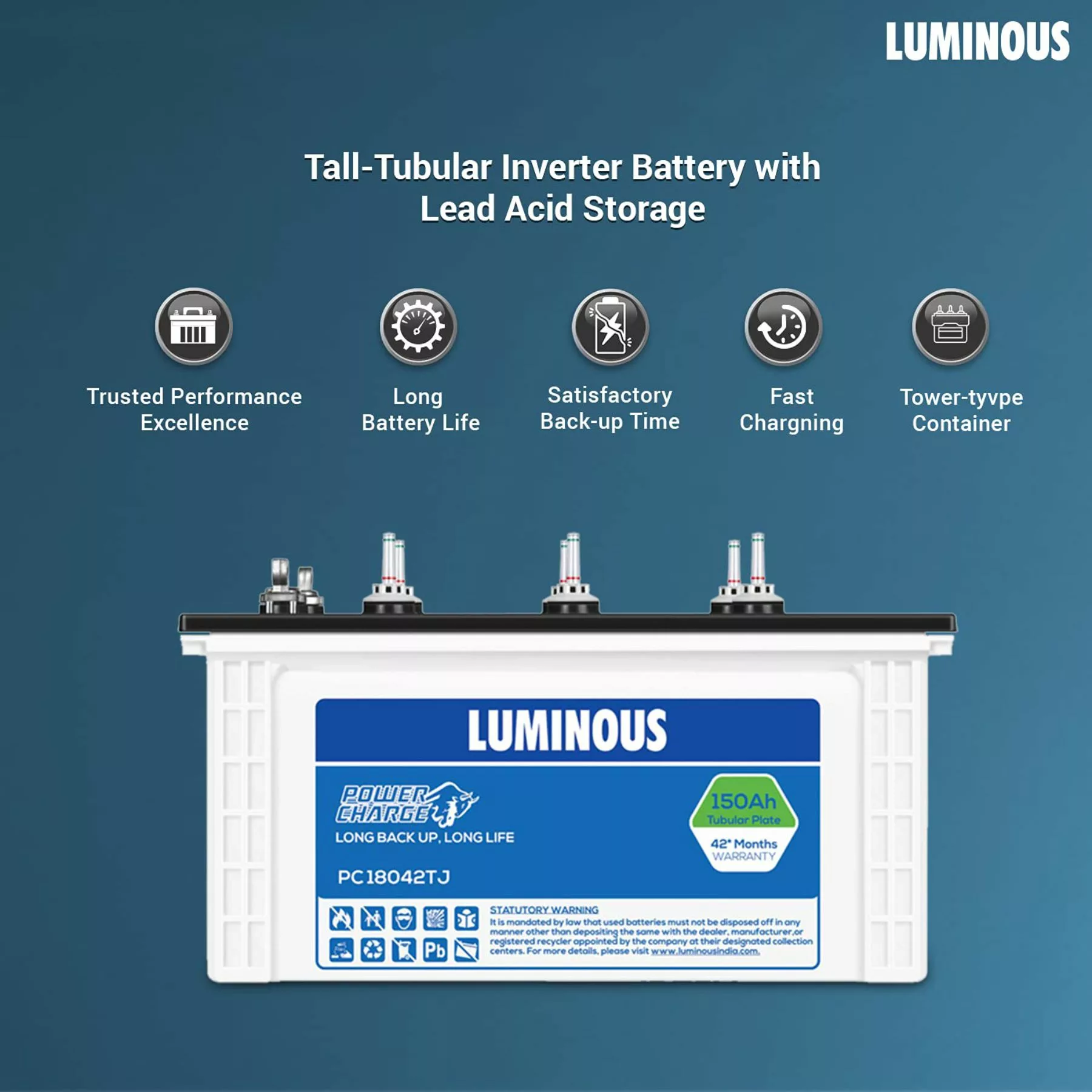 Luminous Power Charge PC 18042TJ 150 Ah Tall Jumbo Inverter Battery for Home, Office & Shops - Image 3